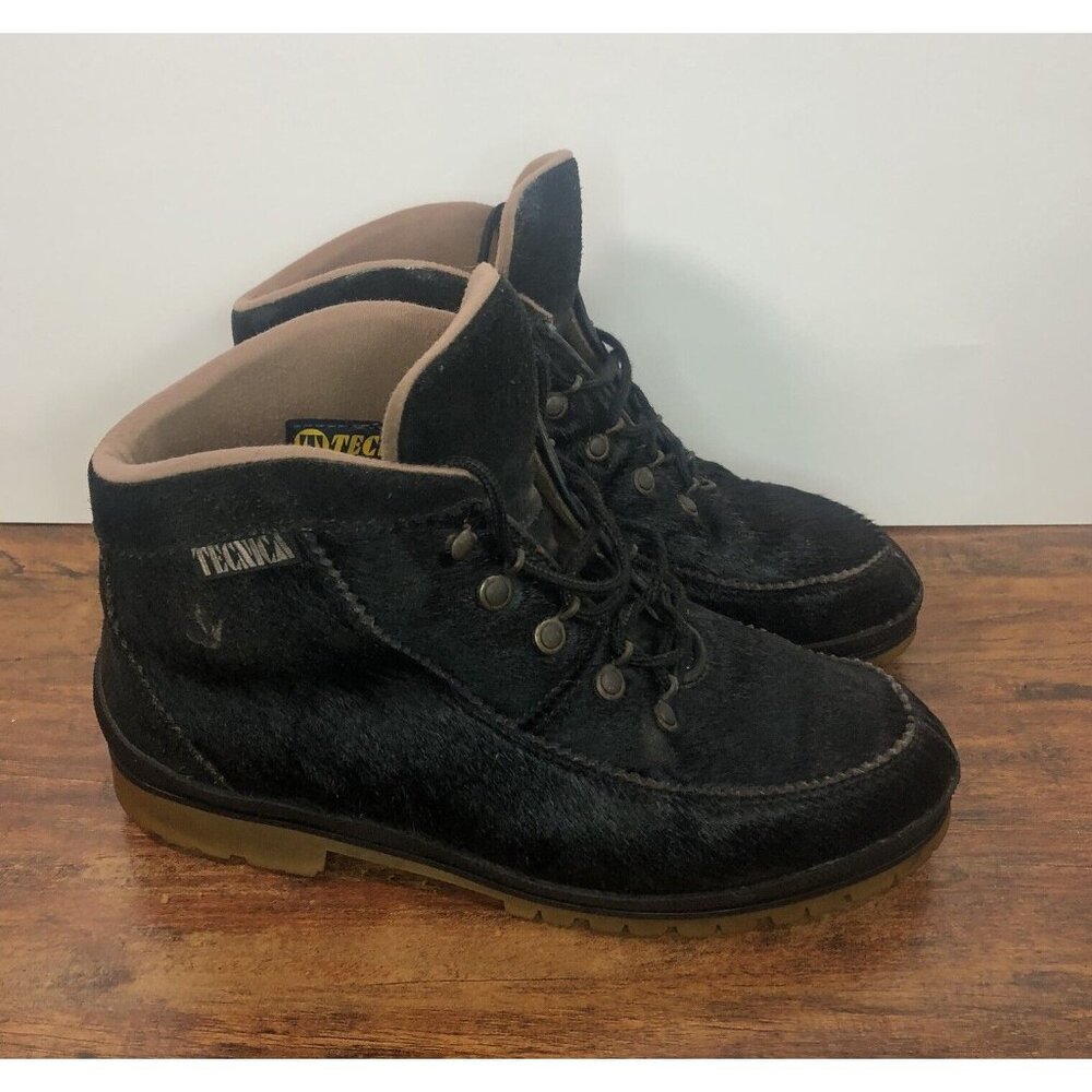 Vtg Tecnica Black Goatskin Winter Boots SZ 39 US 8-8.5 Made In Italy‎ Lace Up